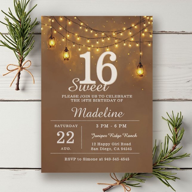 Invitation Lumières de Grange Rustiques avec Lanternes Lumine (rustic sweet 16 birthday party invitation string lights barn lanterns brown gold outdoors backyard)