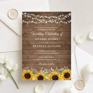 Invitation Lumières de guirlande de tournesols en bois rustiq