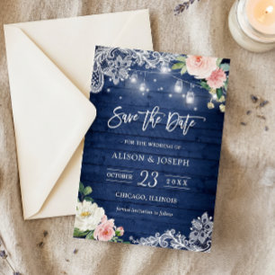 Invitation Lumières de jarres Mason Bleu Rustique Fleurie Enr