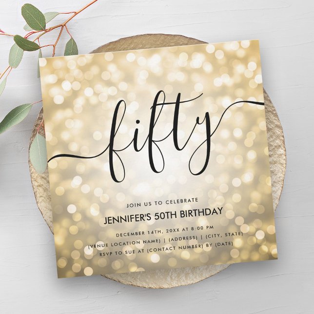 Invitation Lumières de la Parties scintillant d'or Glam moder (Modern Glam Gold Glitter Lights 50th Birthday Invitation)