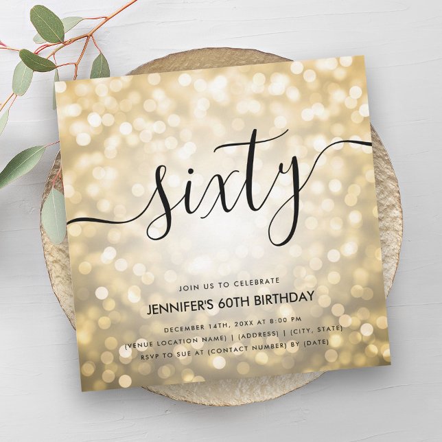 Invitation Lumières de la Parties scintillant d'or Glam moder (Modern Glam Gold Glitter Lights 60th Birthday Invitation)
