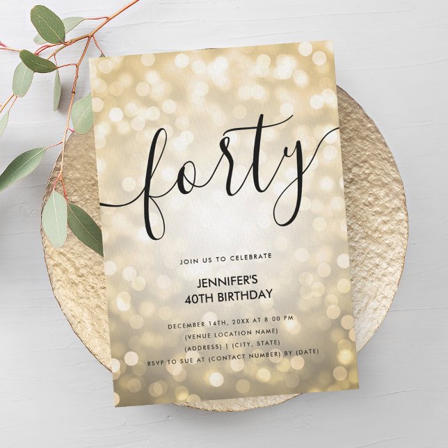 Invitation Lumières de la Parties scintillant d'or Glam moder (Modern Glam Gold Glitter Lights 40th Birthday Invitation)