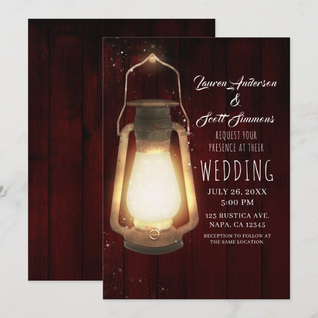 Invitation Lumières de Lanterne Rustiques Mariage de Grange e (Devant / Derrière)