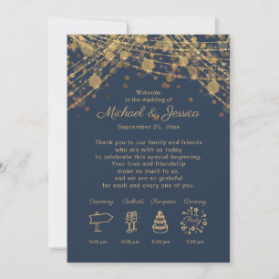 Invitation Lumières de mariage à ficelle dorée et bleue marin