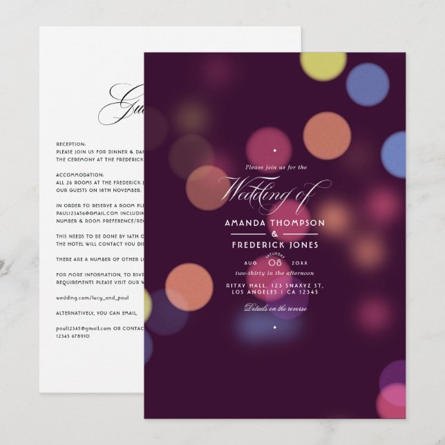 Invitation Lumières de mariage bokeh moderne classique (Devant / Derrière)