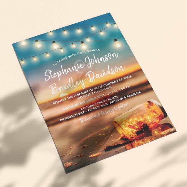 Invitation Lumières de mariage dans un pot Mason de plage au  (Créateur téléchargé)