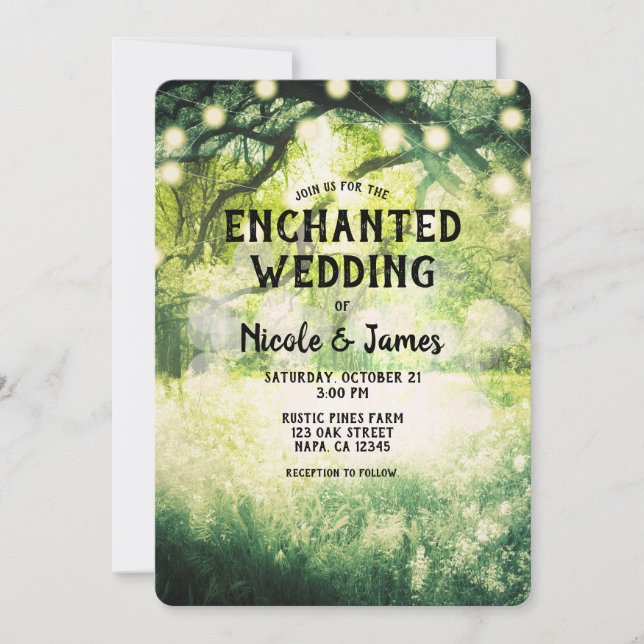 Invitation Lumières de mariage de forêt enchantée verte rusti (Devant)