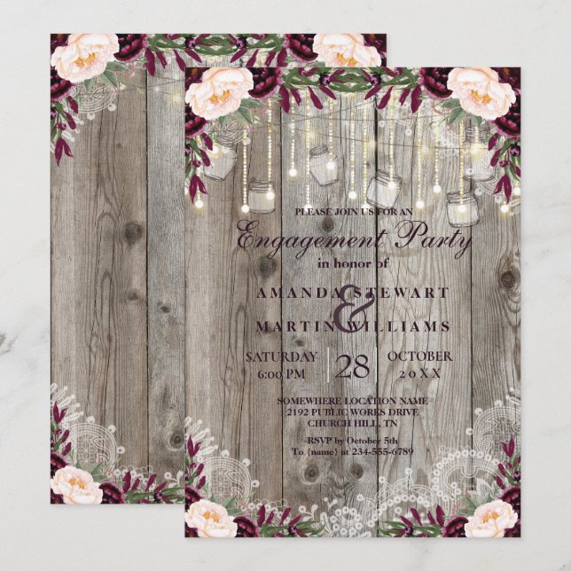 Invitation Lumières de mariage en bois et corde de jarretière (Devant / Derrière)