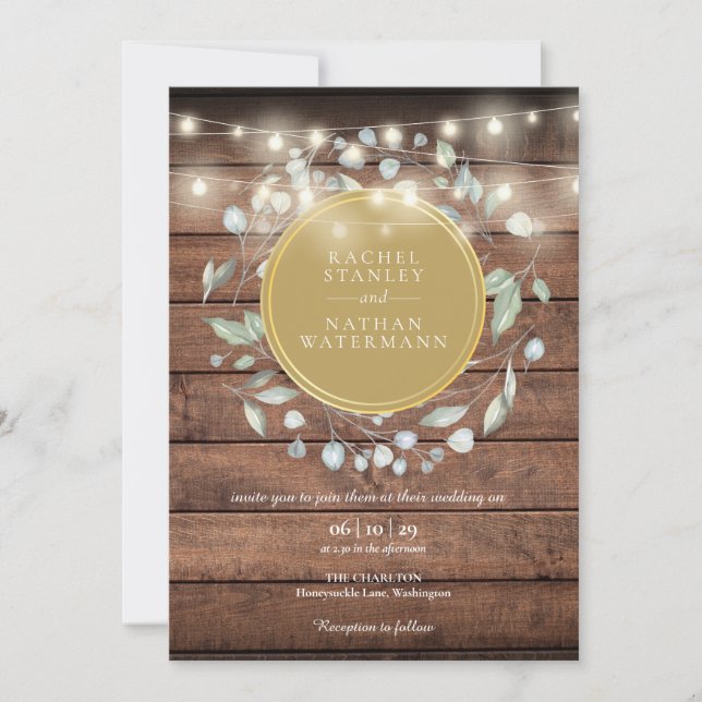 Invitation Lumières de mariage en bois rustique avec verdure (Devant)