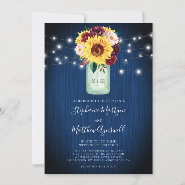 Invitation Lumières de mariage en pot Mason bleu marine tourn (Devant)