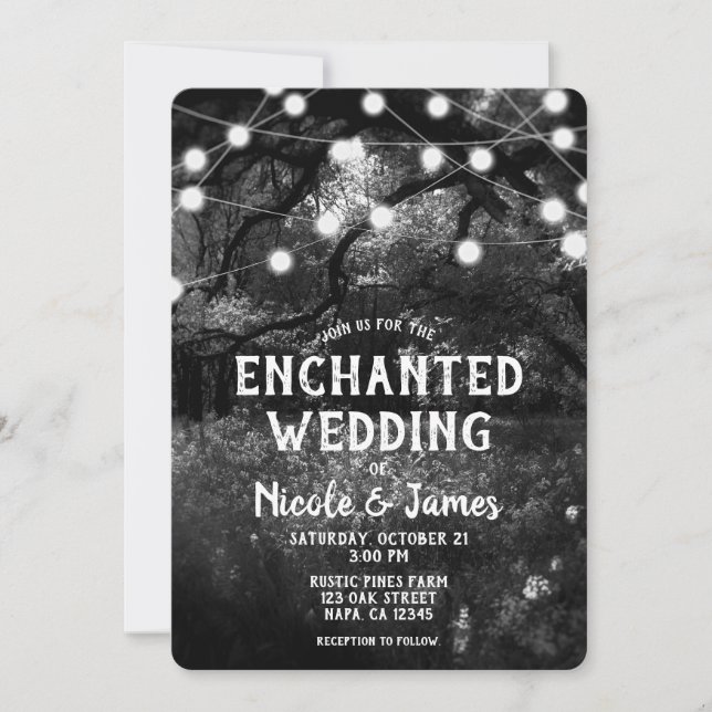 Invitation Lumières de mariage Forêt Enchantée Rustique Noir  (Devant)