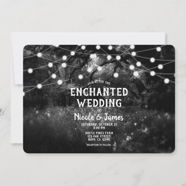 Invitation Lumières de mariage Forêt Enchantée Rustique Noir  (Devant)