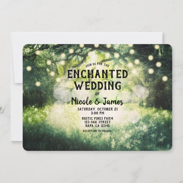 Invitation Lumières de mariage Forêt Enchantée Vert Rustique (Devant)
