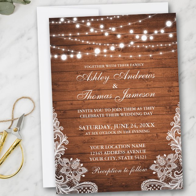 Invitation Lumières de mariage rustiques en bois et ficelle I (Customize to add more text or photos to back of card.)