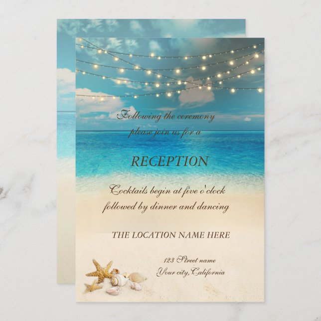 Invitation Lumières de mariage sur la plage Coquillages Récep (Devant / Derrière)