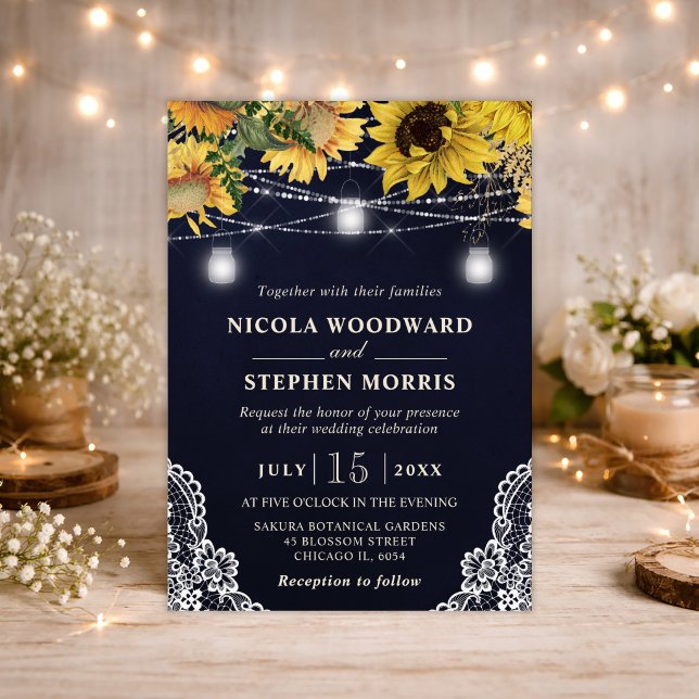 Invitation Lumières de mariage Tournesol rustique et pot Maso (Créateur téléchargé)