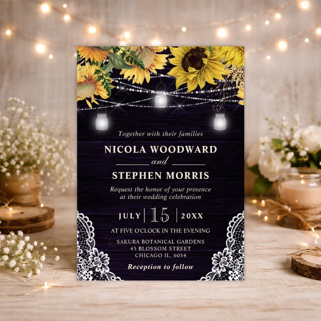 Invitation Lumières de mariage Tournesol rustique et pot Maso (Créateur téléchargé)
