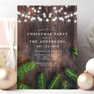 Invitation Lumières de Noël en Fils de Pin Rustique sur Bois