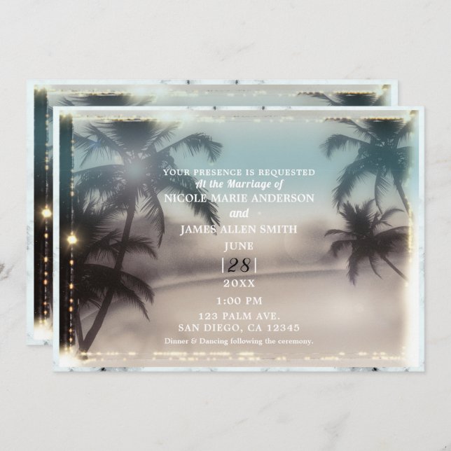 Invitation Lumières de palmiers mariage plage tropicale vinta (Devant / Derrière)