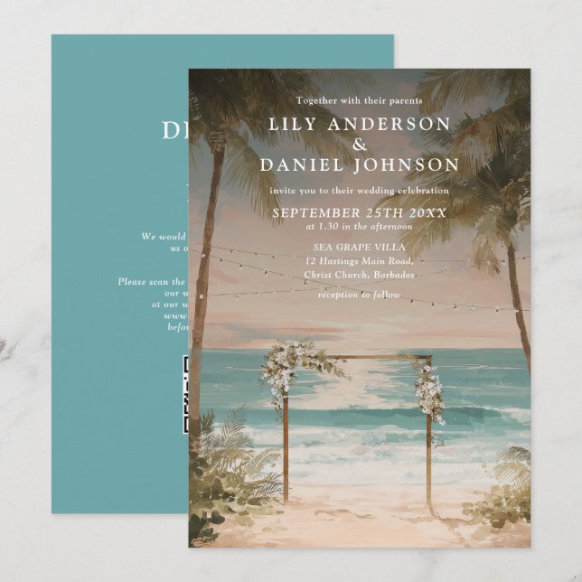 Invitation Lumières de plage océanique élégantes avec code QR (Devant / Derrière)