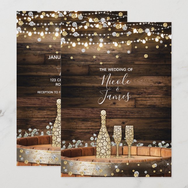 Invitation Lumières de tonneau de bois rustique Champagne Mar (Devant / Derrière)