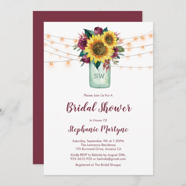 Invitation Lumières de tournesol rustique Fête des mariées Ma (Devant / Derrière)