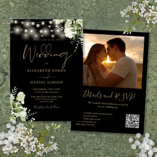 Invitation Lumières de verdure en or noir Code QR Photo Maria (Black Gold Greenery Lights QR Code Photo Wedding Invitation)