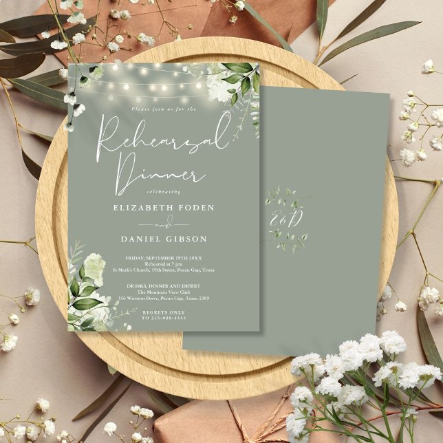 Invitation Lumières de verdure Guirlande Vert Sauge Dîner de  (Greenery String Lights Sage Green Rehearsal Dinner Invitation)