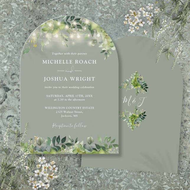 Invitation Lumières de verdure Monogramme Vert Sauge Mariage (Greenery Lights Monogram Sage Green Wedding Invitation)