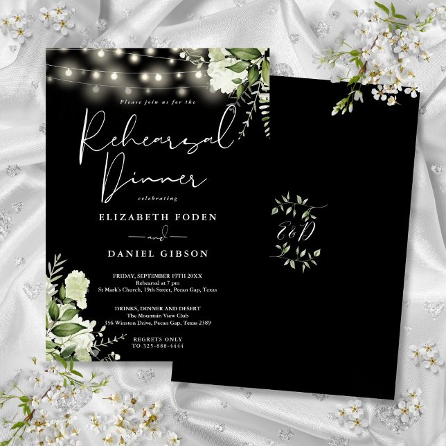 Invitation Lumières de verdure noires et blanches pour le dîn (Greenery Lights Black And White Rehearsal Dinner Invitation)