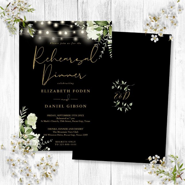 Invitation Lumières de verdure noires et or pour dîner de rép (Greenery String Lights Black Gold Rehearsal Dinner Invitation)