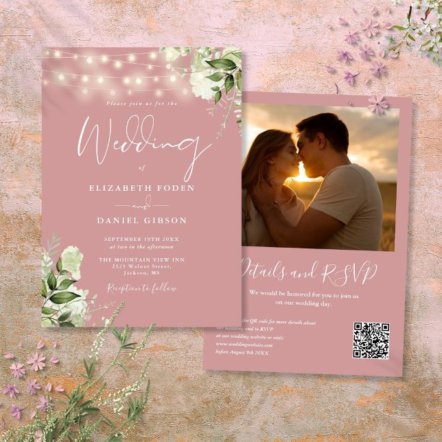 Invitation Lumières de verdure Rose Poussiéreuse Code QR Phot (Dusty Rose Greenery Lights QR Code Photo Wedding Invitation)