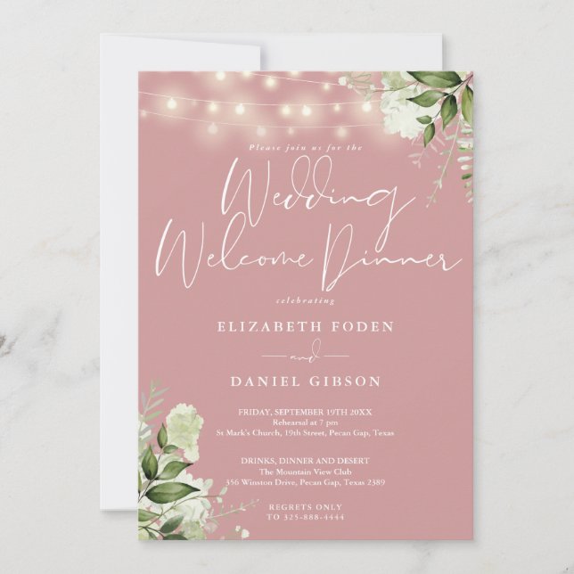 Invitation Lumières de verdure rose poussiéreuse Mariage dîne (Devant)