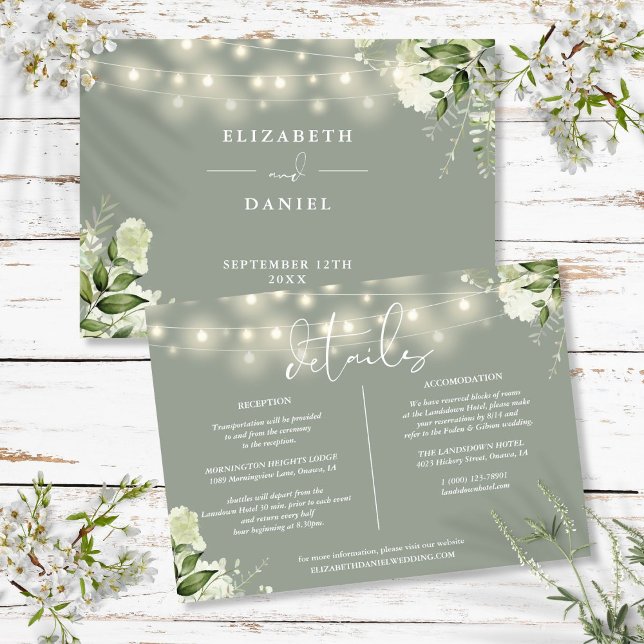 Invitation Lumières de verdure sage Informations sur les déta (Sage Greenery Lights Wedding Details Information Invitation
)