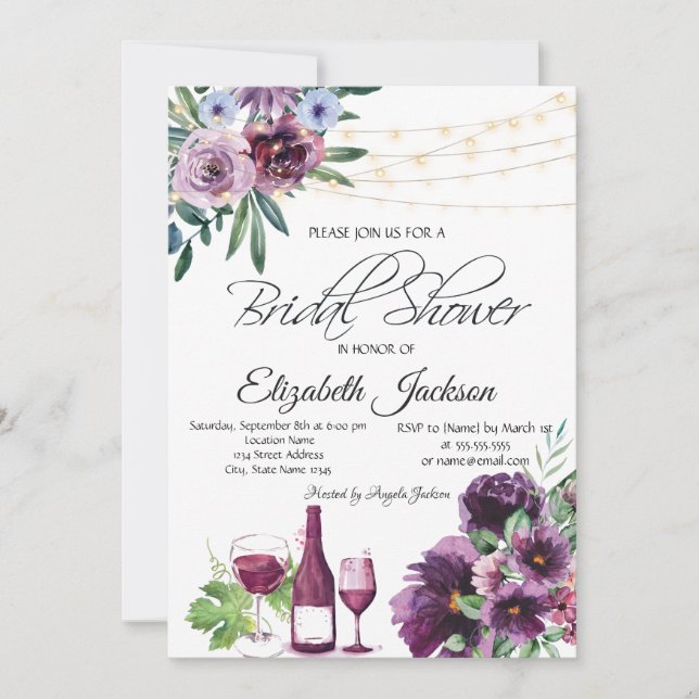 Invitation Lumières de Verre à Vin Fleurs Violettes Réception (Devant)