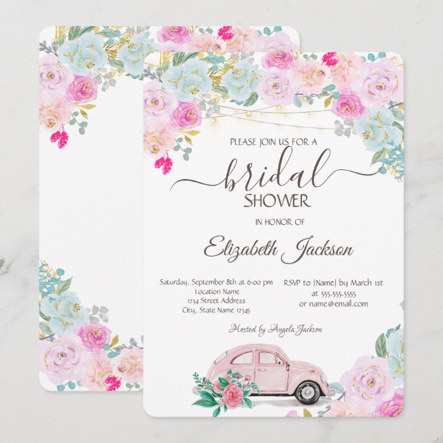 Invitation Lumières de voiture roses Chic Fête de mariage de  (Devant / Derrière)