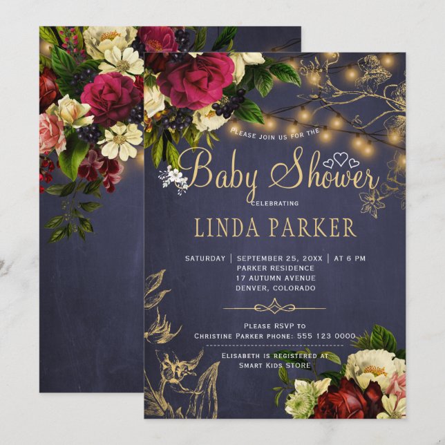 Invitation Lumières dorées, douche de bébé hivernale rustique (Devant / Derrière)