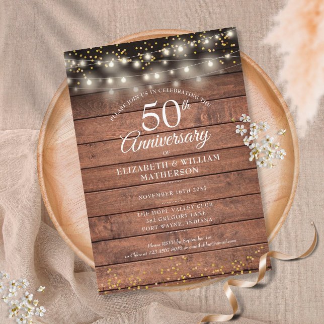 Invitation Lumières dorées rustiques à cordes pour 50e annive (Rustic 50th Wedding Anniversary Gold String Lights Invitation)