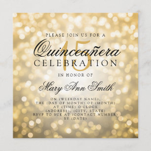 Invitation Lumières du bokeh Gold de Quinceanera 15e annivers