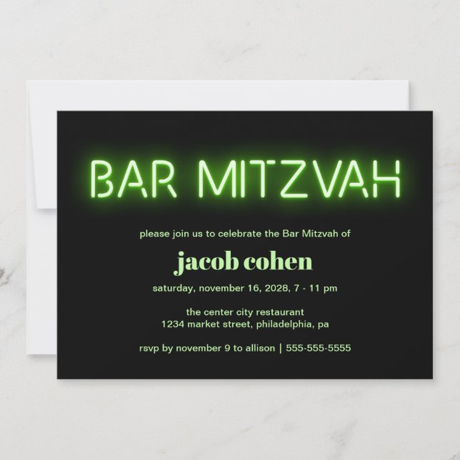 Invitation Lumières du néon vert Bar Mitzvah (Devant)