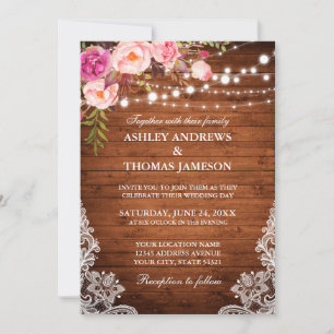 Invitation Lumières en bois Mariage rustique dentelle rose fl