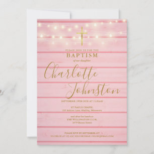 Invitation Lumières en bois rose, écriture baptism baptême