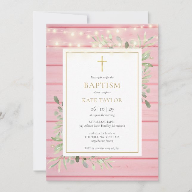 Invitation Lumières en bois rose Verdure Baptême (Devant)