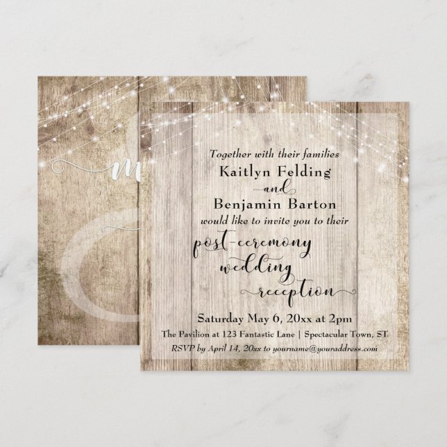 Invitation Lumières en bois rustique après la cérémonie de ré (Devant / Derrière)