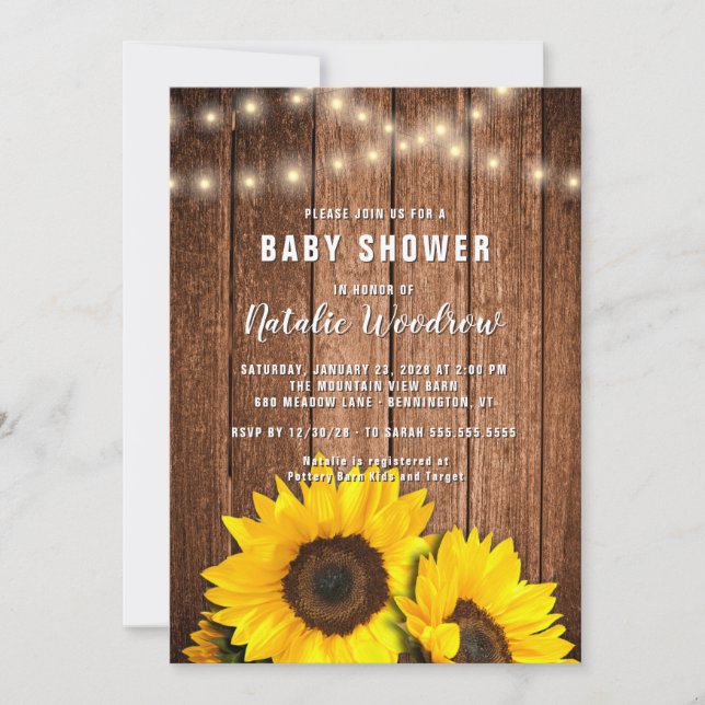 Invitation Lumières en bois rustique Baby Shower Tournesol (Devant)