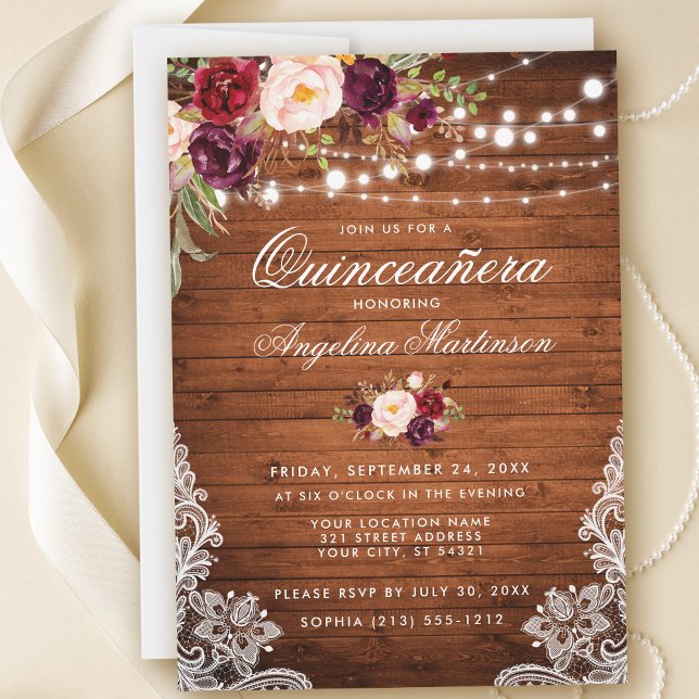 Invitation Lumières en bois rustique de Quinceanera dentelle  (Customize to add more text or photos to back of card.)