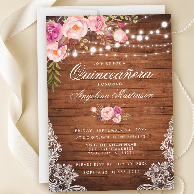 Invitation Lumières en bois rustique de Quinceanera dentelle  (Customize to add more text or photos to back of card.)