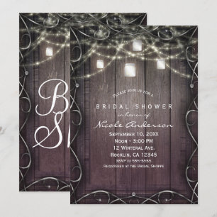 Invitation Lumières en bois rustique et bocaux Mason épanouis