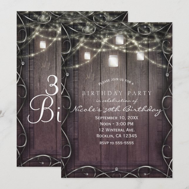 Invitation Lumières en bois rustique et bocaux Mason pour une (Devant / Derrière)