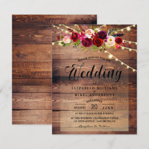 Invitation Lumières en bois rustique et Mariage floral bordea
